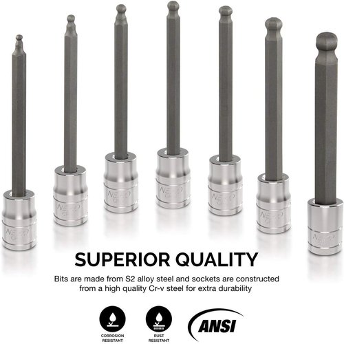 Neiko 10072A 3/8-Inch Drive Extra Long Allen Hex Bit Socket Set, SAE, 1/8-Inch - 3/8-Inch | S2 and Cr-V Steel, 7-Piece Set