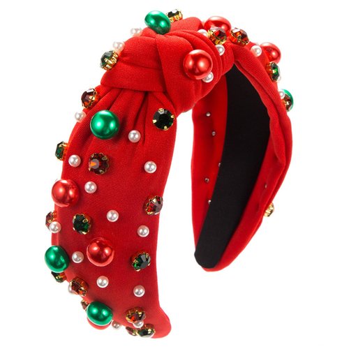 Soochat Christmas Rhinestone Headband Xmas Knotted Headband Red & Green Jeweled Crystal Hair Band Holiday Outfits Accessories Gifts (Red)