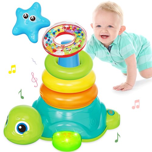 Baby Toys 6-12 Months, Musical Crawling Turtle Toy with Stacking Rings, Early Learning Educational Tummy Time Toy for Infant Toddler 3 4 5 6 7 8 9 10 11 12-18 Months 1-2 Year Old Boys Girls