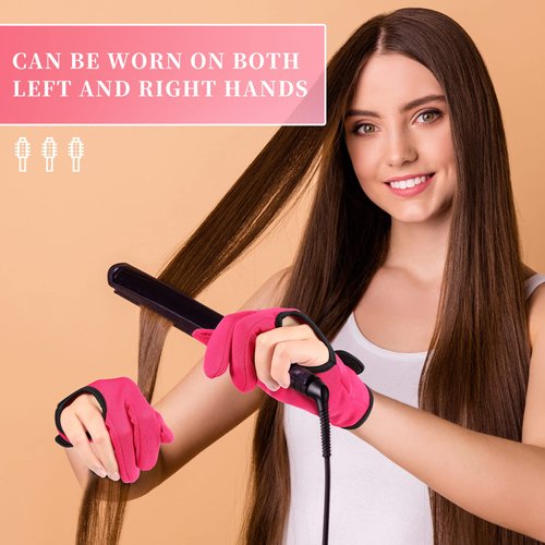 Heat Resistant Gloves for Hair Styling 2 Pcs Curling Wand Glove 3 Finger Barber Glove Reusable Hair Dye Heat Protector Glove (Rose Red)