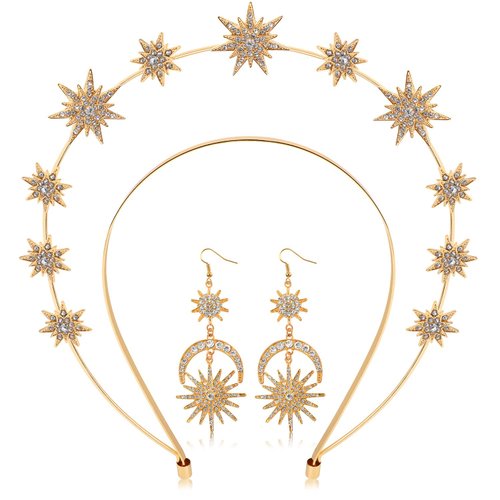 Halo Crown Moon Stars Goddess Crown Halo Headband Crown Celestial Headband Tiaras Crowns for Women Wedding Bridal Prom Tiara with Star Earrings Dangle Gold（Stars）