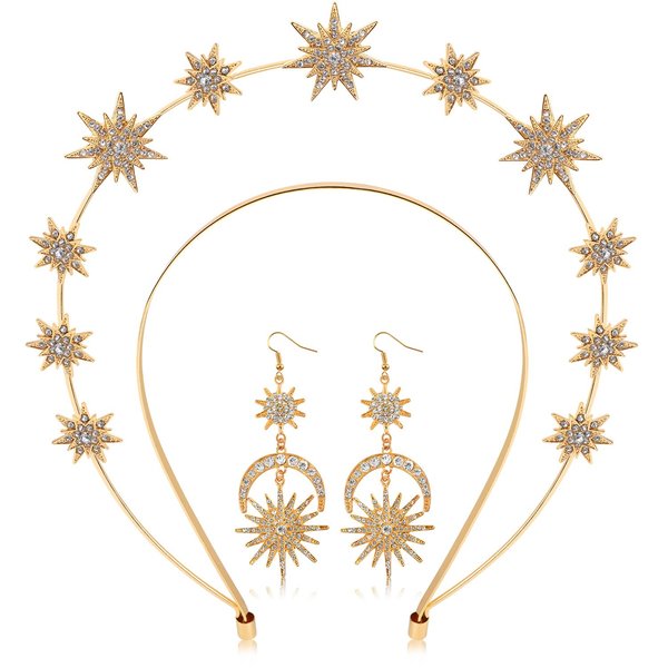 Halo Crown Moon Stars Goddess Crown Halo Headband Crown Celestial Headband Tiaras Crowns for Women Wedding Bridal Prom Tiara with Star Earrings Dangle Gold（Stars）