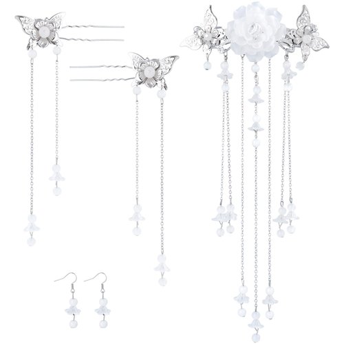 Joez Wonderful 5Pcs Chinese Hair Stick Pins Sets, Butterflies Hair Barrettes Clips with Long Tassel, Hanfu Hair Flowers Pearl Hairstyle Accessories Earrings Set for Women
