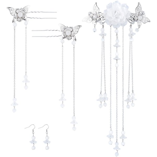 Joez Wonderful 5Pcs Chinese Hair Stick Pins Sets, Butterflies Hair Barrettes Clips with Long Tassel, Hanfu Hair Flowers Pearl Hairstyle Accessories Earrings Set for Women