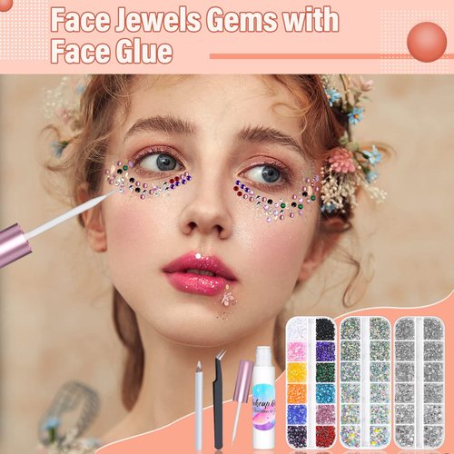 6300Pcs Face Gems with Rhinestones Glue for Makeup, Eye Gems Flat Back Rhinestones Hair Crystal Makeup Gems with Face Glue for Eye Jewels Hair Decoration Nail Art