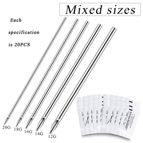 Honoson 100 Pcs Ear Nose Body Piercing Needles Mix Size 12G 14G 16G 18G 20G Stainless Steel Piercing Jewelry Kit and 1 Pcs Slotted Locking Pennington Forceps for Kit Supplies