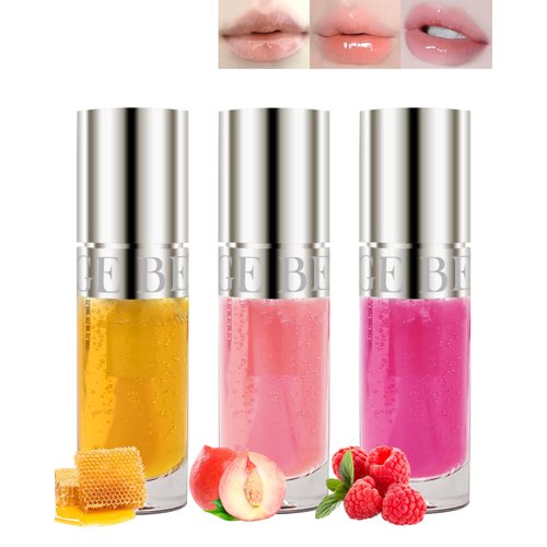 Hydrating Lip Oil-3 Color Reviver Lip Glow Oil Tinted Lip Gloss, Comforts Plumping Lip Oil Gloss Clear Shine Flavored Fruit Lip Stain Oil,Big Brush Head Lipgloss Moisturizing Lip Glaze for Women-Set A