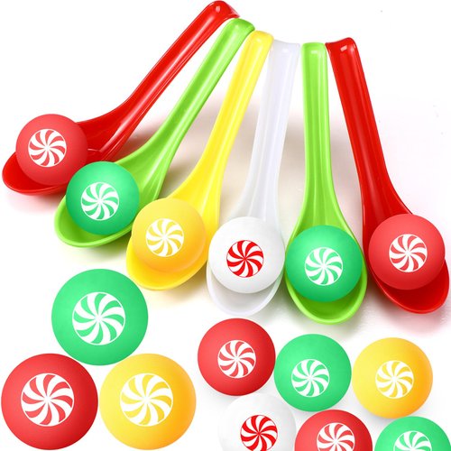 JellyArch 48 Pack Christmas Game Spoon Relay Race Toy Set, Christmas Themed Ball and Spoon Race G...