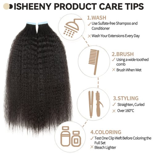 Isheeny Tape In Hair Extensions Human Hair Kinky Straight Black Women Real Human Hair Extensions Kinky Curly Hair Extensions Real Human Hair Kinky Straight Tape In Extensions 12inch 20pieces 40g/set