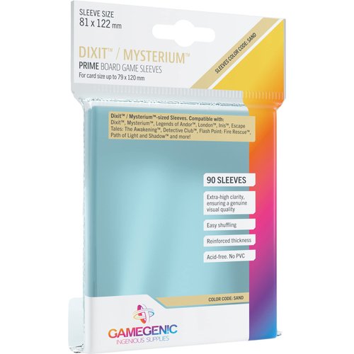 Prime Board Game Sleeves | Pack of 90 Extra-Clear Sleeves | 81 by 122 mm Card Sleeves Optimized for Use with Dixit and Mysterium | Premium Card Protection | FFG Sand Color Code | Made by Gamegenic