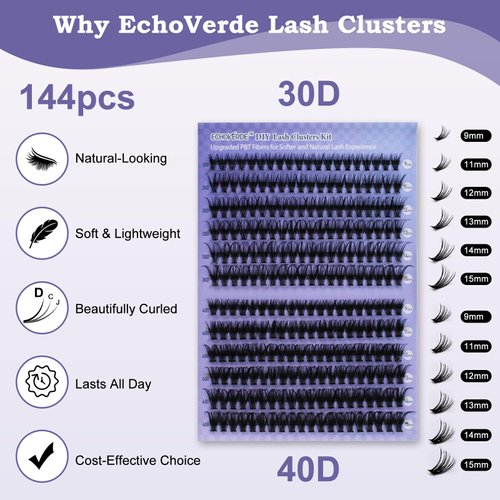 EchoVerde Lash Clusters Kit. Upgraded PBT Lash Extentions in 9-15mm 30D-40D D Curl. Affordable Natural Lash Clusters Come with Lash Bond and Seal, Tweezers & Comb, and Lash Remover (0.07D,144pcs, Kit)