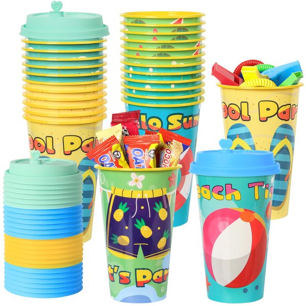 FZR Legend Beach Party Favors Goodie Cups, 24 Pack Birthday Party Cups in 4 Designs, 16OZ Reusable Beach Ball Pool Summer Plastic Party Supplies Decorations Cups with Lids Plugs for Kids Baby Shower