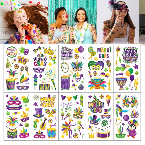 Konsait Mardi Gras Tattoos - 10 Sheets Glitter Mardi Gras Temporary Tattoos for kids Adults, Purple and Green Mardi Gras Makeup Tattoos, Assorted Style Mardi Gras Party Favors Mardi Gras Accessories