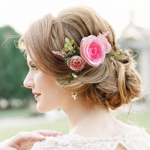 Fangsen Wedding Boho Pink Rose Flower Hair Comb Bridal Headpiece Floral Hair Accessories for Brides and Bridesmaids Silver