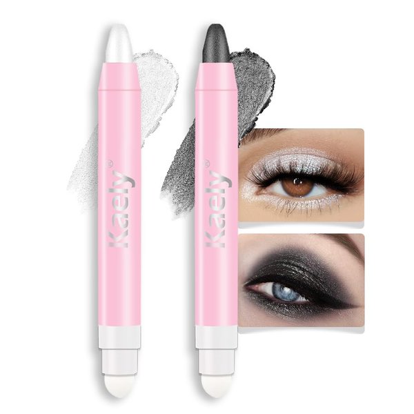 evpct Kaely 2Pcs Cream Eye Shadow Brightener Sticks Set for Eyes Waterproof, Pearl White & Pearl Black Shimmer Cream Eyeshadow Applicator Stick Pigmented Eye Makeup sombras en crema para ojos 01+03