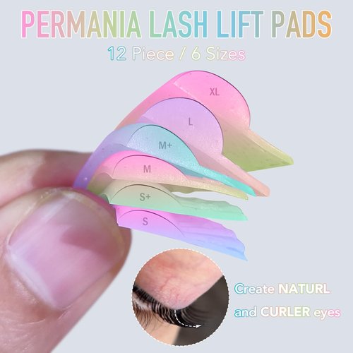 PERMANIA Lash Lift Pads, 12 Piece/6 Sizes Liquid Silicone Lash Lift Rods with 'C' Curl Super Soft & Sticky Extreme Eyelash Curler DIY Makeup Beauty Tool (Colorful)