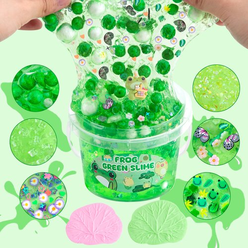 LAWOHO Frog Clear Slime 300ml, Green Clear Slime Kit for Girls Ages 8-12 with 8 Packs Slime Add-Ins, Slime for Kids Party Favors, Non Stick Slime with Clay, Birthday Halloween Christmas Easter Gifts