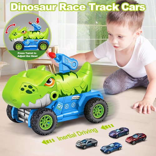BainGesk Dinosaur Truck Toys for 2 3 4 5 6 Years Old Boys, 2.8 Ft Race Track Cars Toys with 4 Metal Cars and Catapult Turret, Birthday Gifts Kids Age 3-5, Racing Cars Toys Gifts for Toddlers