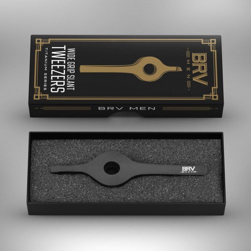 BRV MEN Wide Grip Slant Tweezers - Titanium Coated Stainless Steel - Perfectly Aligned Slanted Tips for Ultra Precision - Professional Tweezers for Eyebrows and Nose/Ear/Facial Hair - (Black)