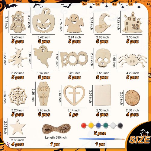 60 Pcs Halloween Craft Wooden Painting Kit, DIY Halloween Painting Craft for Family Activities Halloween Party Supplies, Halloween Wood Blank Cutouts Ornaments for School Art DIY Activities Games