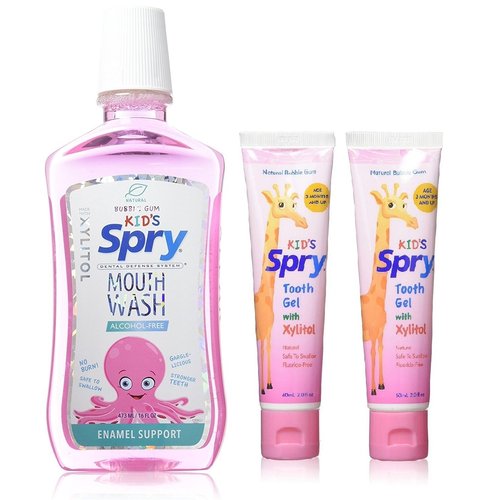 Spry Natural Bubble Gum, Kid's Alcohol-Free Xylitol Mouthwash16 fl oz 1 Count + Xlear Kids's Tooth Gel with Natural Xylitol 2 fl oz 2 Count (Bundle Pack)