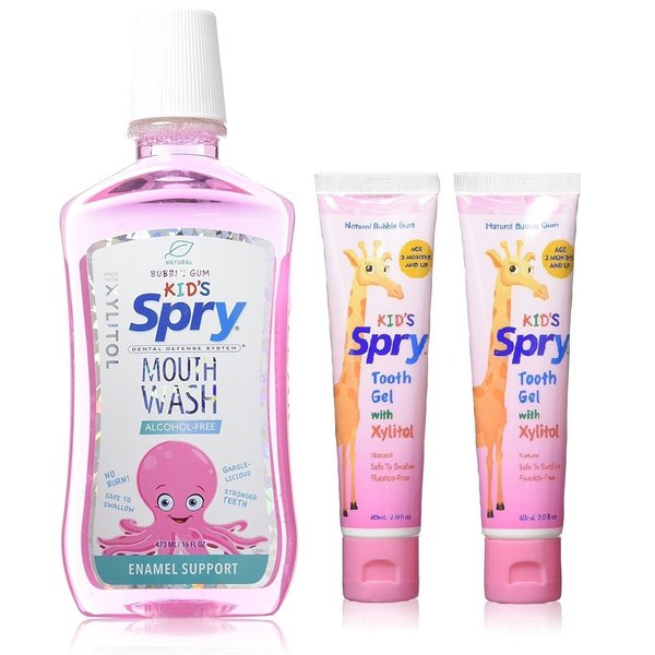 Spry Natural Bubble Gum, Kid's Alcohol-Free Xylitol Mouthwash16 fl oz 1 Count + Xlear Kids's Tooth Gel with Natural Xylitol 2 fl oz 2 Count (Bundle Pack)
