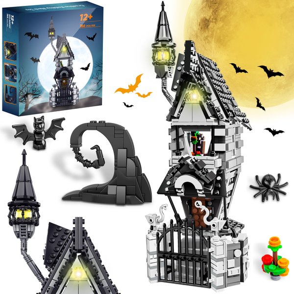PleySyncz Halloween Haunted Mansion House Building Kit, Before Christmas Building Blocks Set with Glowing Lighting, for Fans and Kids (766pcs)