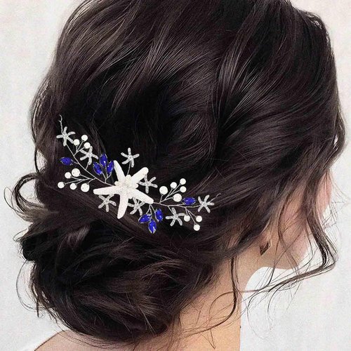 Kesvb Starfish Wedding Hair Vine Blue Crystal Bridal Headpiece Beach Wedding Hair Accessories for Women and Girls