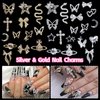 105 Pcs Silver+Gold Nail Gems Charms, Bow Moon Snake Planet Butterfly Heart Pink Cherry Nail Charms 3D Nail Art Jewelry Alloy Rhinestones Gems+Charms for Nail Art DIY Jewel Accessories