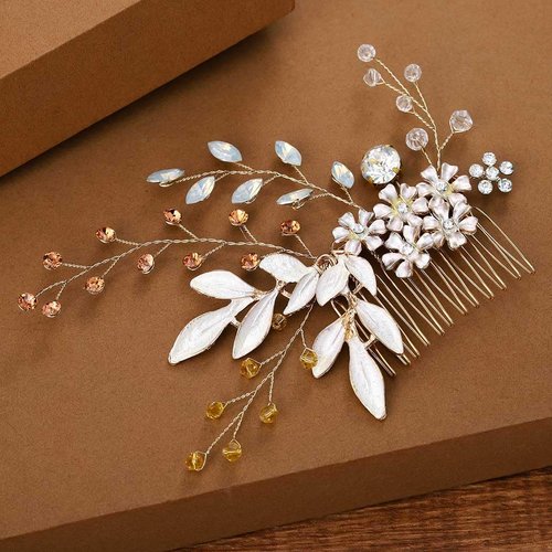 Foyte Crystal Gold Wedding Hair Comb Flower Rhinestone Headpieces Leaf Bride Hair Pieces Bridesmaid Side Hair Combs for Women and Bride