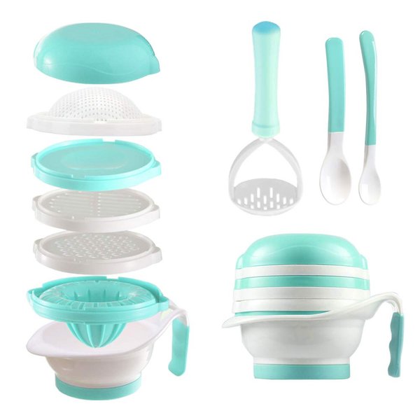 Matyz Versatile Baby Food Maker Set - Toddler Food Mills with Mash Bowl, Hand Masher, Citrus Juicer, Grater - Making Homemade Baby Food - Fruits and Vegetables Masher - BPA Free (Mint Green)