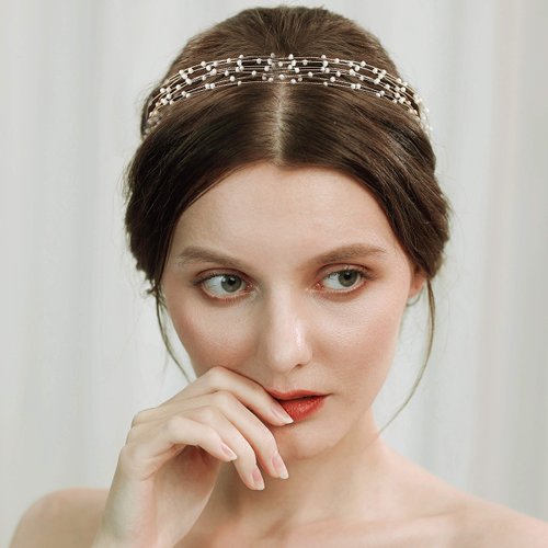 BABEYOND Bridal Headpiece Wedding Headband - Pearl Vintage Wedding Hair Bands for Brides with Lace Ribbon (White Beads)