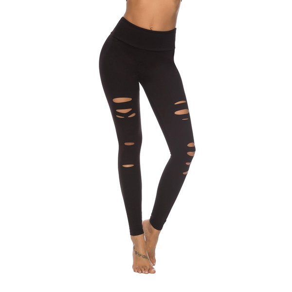 DIBAOLONG Womens High Waist Yoga Pants Cutout Ripped Tummy Control Workout Running Yoga Skinny Leggings Black XL