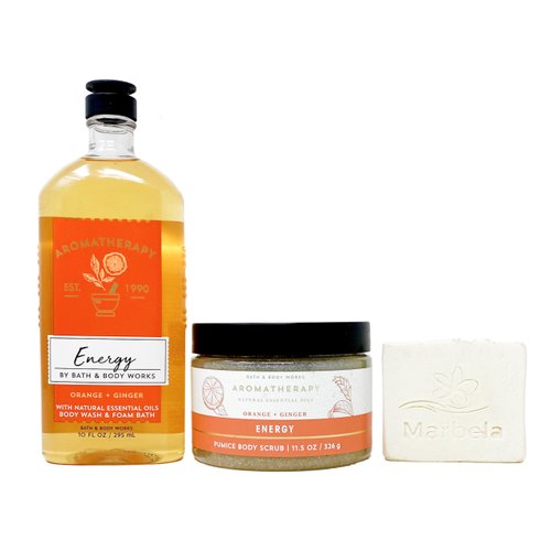 Bath & Body Works Aromatherapy Energy Orange & Ginger Duo Gift Set - Body Wash and Body Scrub With a Natural Oats Sample Soap.