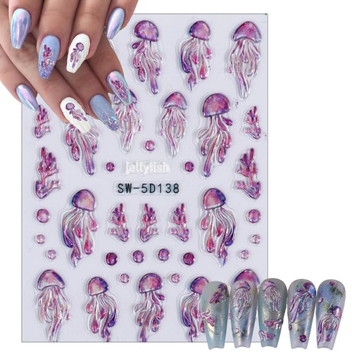 3Sheets Starfish Seashell Nail Art Stickers 5D Embossed Self-Adhesive Summer Nail Design Decals Ocean Theme Nail Adhesive Stickers Nail Art Supplies for Women Acrylic Nails DIY Nail Decoration