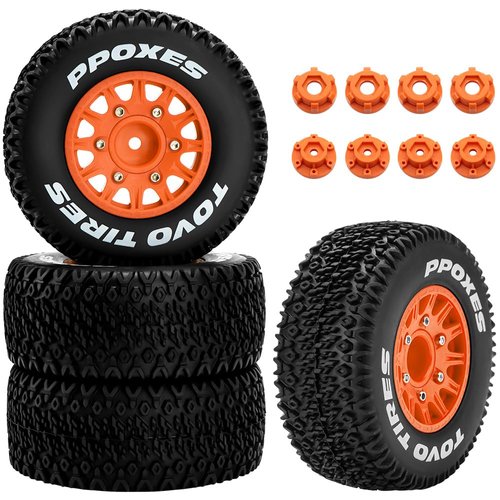 GLOBACT 12mm/14mm Hex RC Wheels and Tires RC Truck Tires for 1/10 Slash 2WD 4×4 Arrma Senton Axial Losi Redcat Rc4wd Hex Detachable Replacement (Orange 4 PCS)