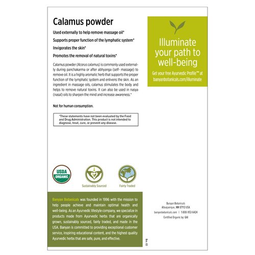 Banyan Botanicals Calamus Powder - Certified Organic, 1/2 Pound - Acorus Calamus - Highly Aromatic herb That is Used externally to Help Remove Massage Oil*