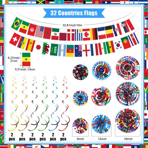 Outus 22 Pcs International World Flags Decorations Paper Fans World Flags Banner International Flag Hanging Swirls for Garland Ceilings School Office Party Decorations Supplies