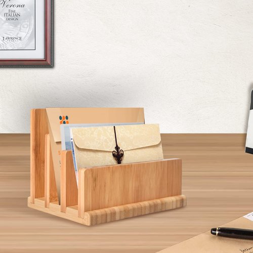 Bamboo Mail Organizer with Rubber Feets, wishacc Vertical Desk Letter/Envelope/File/Paper/Folder/Bill Holder for Office & Home, Small 3 Sections Desktop Office Supplies Incline Sorter Rack