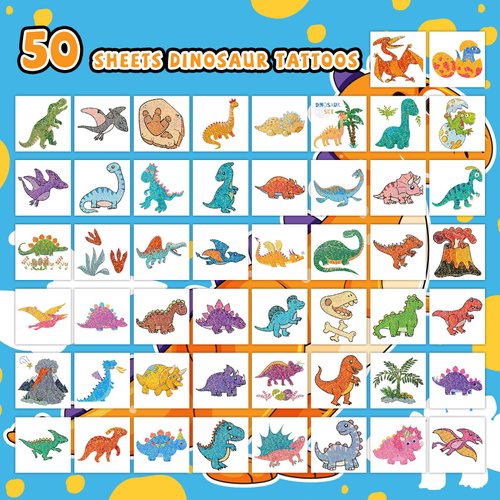 EMOEM Dinosaur Tattoos for Boys Individually Wrapped, 50 PCS Glitter Temporary Tattoo Sticker Kids, Dinosaur Birthday Party Decorations Supplies Favors Goodie Bag Stuffers