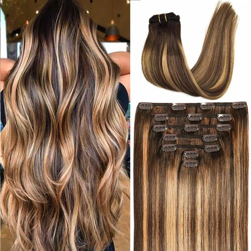 Savasana Clip in Hair Extensions Real Human Hair Balayage Chocolate Brown to Caramel Blonde Full Head Long Straight Hair Extensions for Women 7 Pcs Thick Full End 80g 14 Inch #(4/27)/4