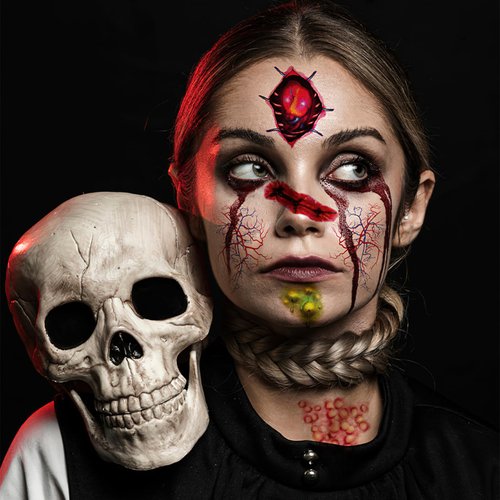 Boxkat 8 Sheets Halloween Face Tattoo Stickers Scary Wound Prank Waterproof Temporary Tattoo Stickers Horror Face Decals Fake Tattoos for Halloween Cosplay Makeup Party Decoration Supplies, Red