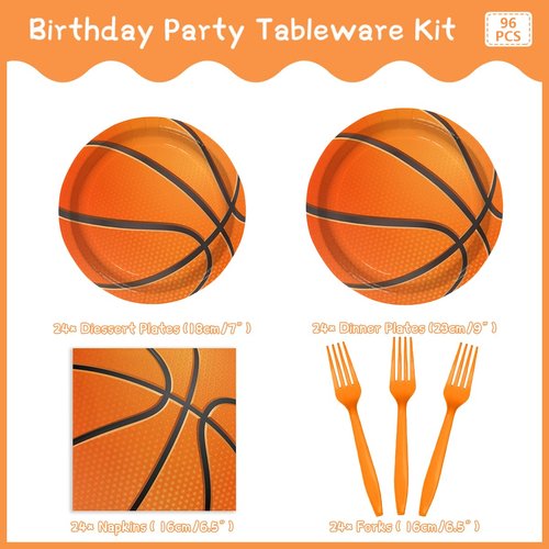 XIENBLOC 96Pcs Basketball Plates Napkins Basketball Birthday Party Supplies Basketball Paper Disposable Tableware Set Forks Sport Birthday Party Dinnerware Kits Serve 24 Guests