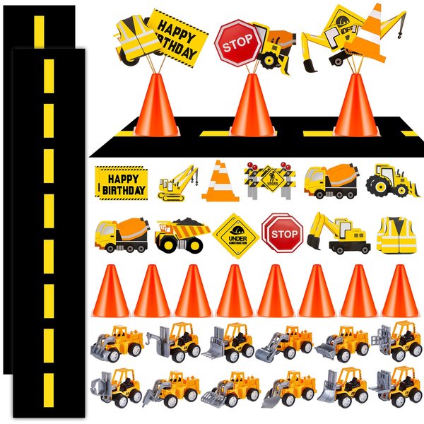 Jenaai 46 Pcs Construction Birthday Party Supplies Construction Table Centerpiece Construction Cardboard Cutout Mini Vehicles Traffic Cones Table Runner for Construction Birthday Party Decorations