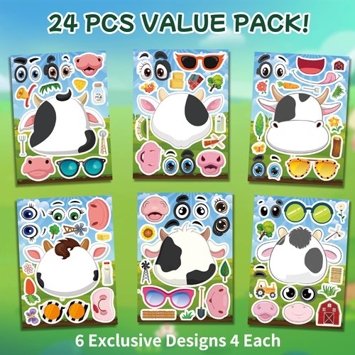 Ozepao Cow Stickers 24 Pcs Make-A-Face Mix and Match Cow Sticker Sheets for Kids Cute Cow Party Favors and Crafts