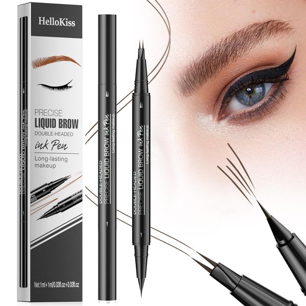 Eyebrow Pen - Eyebrow Pencil, Brow Pencil 2-in-1 Dual-Ended Microblading Eyebrow Pencil with Micro-Fork-Tip & Precise Brush-Tip Crease Natural Hair-Like Brows, Last All-Day (02 Brown)