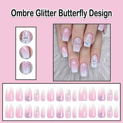 ANDGING Press on Nails Short Medium Coffin Ombre Pink and White Fake Nails with Glitter Butterfly Design Square Glue on Nails for Women Acrylic False Nails with Glue Stick on Nails for Wedding JJO36