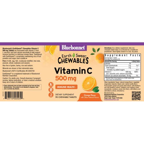 Bluebonnet Nutrition EarthSweet Vitamin C 500 mg Powerful Antioxidant Protection & Immune Health Support Supplement - Maximum Absorption - Gluten-Free, Vegan - Orange Flavor - 90 Chewable Tablets