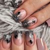 Halloween Press on Nails Short Square Fake Nails with Spider Designs Black Silver Glitter French Tips False Nails Pink Full Cover Glossy Artificial Acrylic Nails Glue on Nails for Women Girls 24Pcs