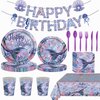 170Pcs Mermaid Birthday Party Decorations , Mermaid Party Supplies Set Includes Napkins, Tablecloths, Cups, Plates, Knives, Forks, Spoons, Ocean Theme Birthday Party Banners, Serves 24